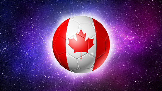 3D soccer ball with Canada team flag. Space background. Football 2022. Illustration