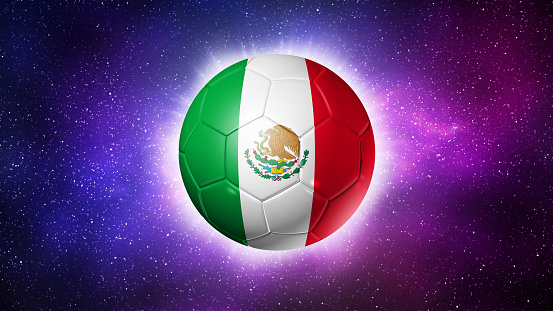 3D soccer ball with Mexico team flag, football 2022. Space background. Illustration