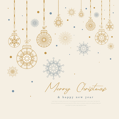 Simple modern colorful vector illustration with Christmas ornaments, beads and snowflakes. Easy to edit, elements are grouped and in separate layers.