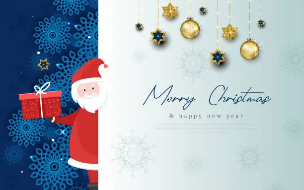 Vector illustration of Santa Claus signboard. Merry Christmas and Happy New Year Holiday greeting card