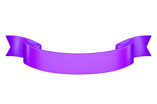 3d label ribbon. Glossy purple, violet blank plastic banner for advertisment, promo and decoration elements. High quality isolated render