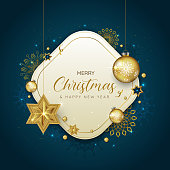 istock Christmas greeting banner or card. Golden Christmas balls on a dark blue background 1431228791