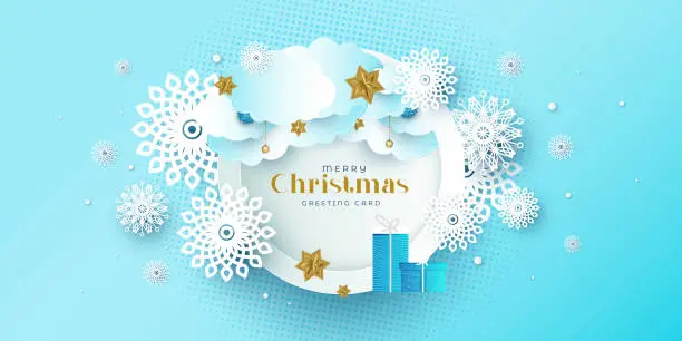 Vector illustration of Merry Christmas composition in paper cut style.