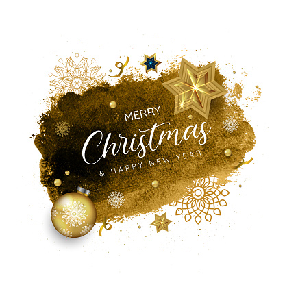 Merry Christmas and Happy New Year message on gold watercolor. Vector stock illustration