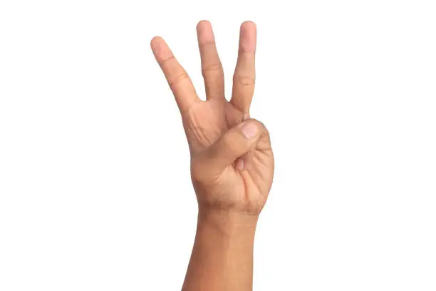 Photo of man hand number three on white background