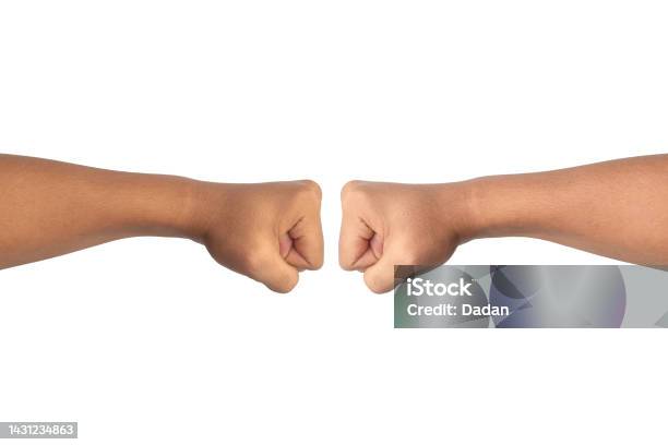 Symmetrical Fist Bump On White Background Stock Photo - Download Image Now - Adult, Adults Only, Aggression