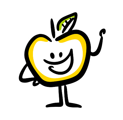 Sketch of funny doodle apple charecter from cartoons. Vector fruit illustration.
