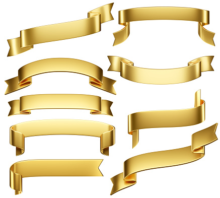 3d label ribbons set. Glossy gold blank plastic banner for advertisment, promo and decoration elements. High quality isolated render