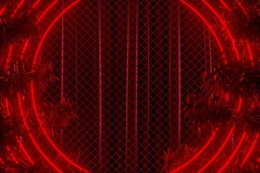 Christmas tree and red color neon glowing lights wire fence curtain exhibition background, 3d render.