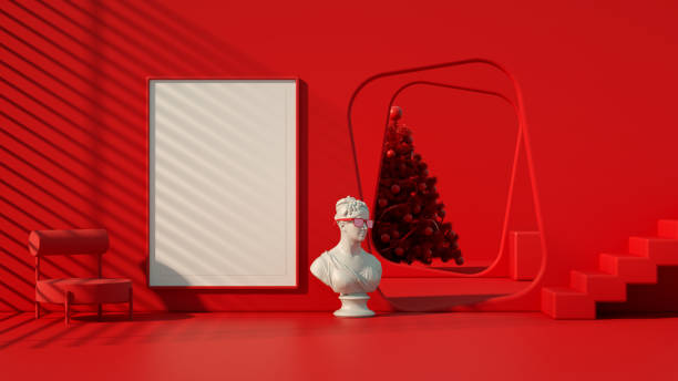New Year, Christmas concept in red living room with empty frame, 3d render.