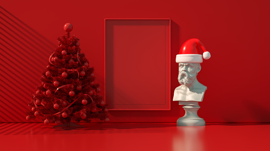 New Year, Christmas concept in red living room with empty frame, 3d render.