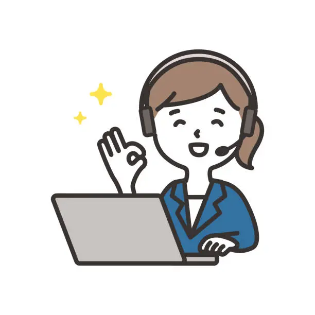 Vector illustration of An operator woman wearing a headset and facing a computer and giving an ok sign