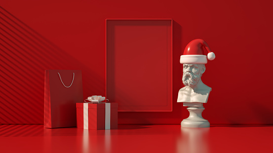 New Year, Christmas concept in red living room with empty frame, 3d render.