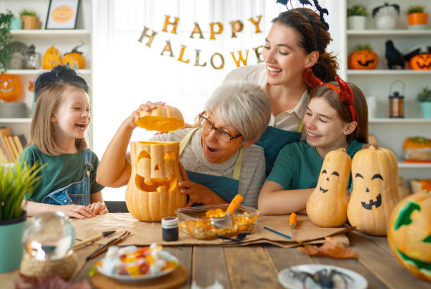 family preparing for Halloween stock photo