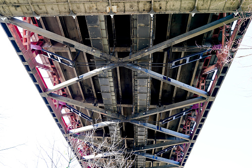 Pont d'Aquitaine steel under bridge large suspension bridge over the Garonne in southwest city of Bordeaux France