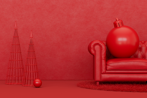 New Year, Christmas concept in red living room with empty wall and sofa, 3d render.