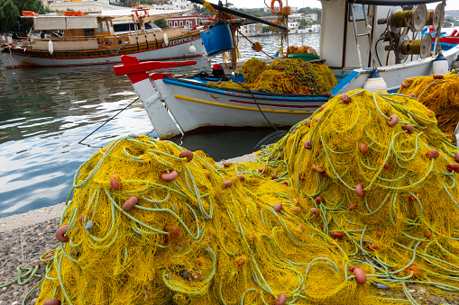 Fishing nets in the fisherman's boat in Asia Marina, Leros Island