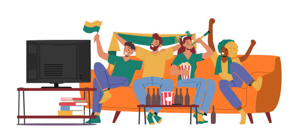Cheerful Fans Male Female Characters Wearing Sports Club Uniform Sitting on Couch Cheering for Favorite Sport Team Cheerful Fans Male Female Characters Wearing Sports Club Uniform Sitting on Couch Cheering for Favorite Sport Team Watching Football Match at Home with Flag. Cartoon People Vector Illustration men watching soccer game stock illustrations