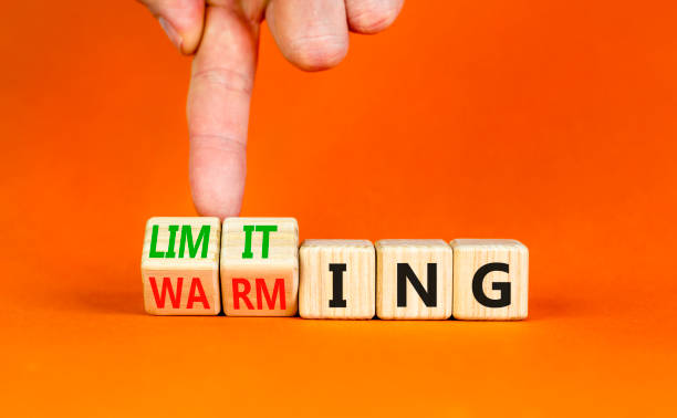 istock Limiting global warming symbol. Concept words Limiting and Warming on wooden cubes. Businessman hand. Beautiful orange table orange background. Business limiting global warming concept. Copy space. 1431281671