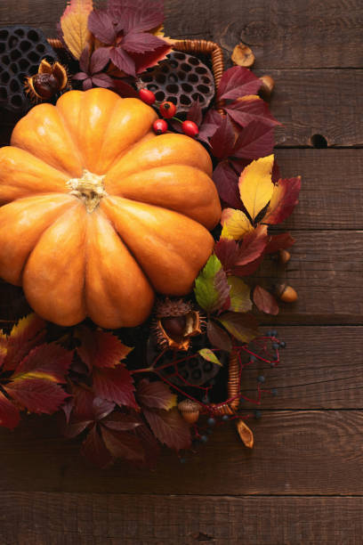 istock Autumn harvest, a composition of pumpkin, leaves, nuts. 1431281935