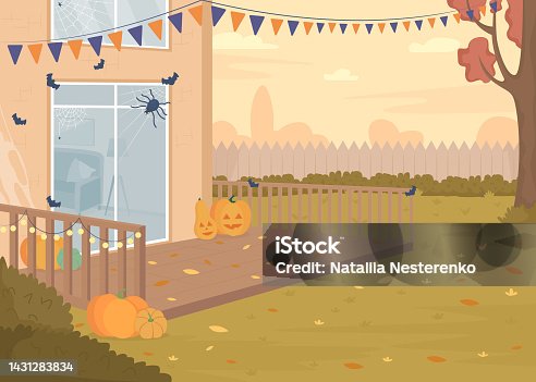 istock Halloween backyard party flat color vector illustration 1431283834