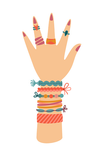 Hand with fashion friendship summer bracelets and rings isolated on white background. Flat vector cartoon illustration, clipart.
