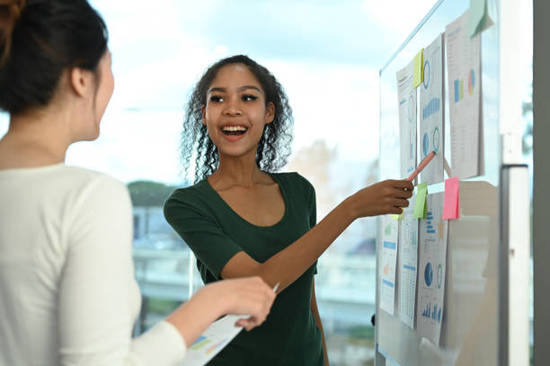istock Young creative woman sharing ideas business strategy, explaining new strategies on whiteboard to colleague. 1431286372