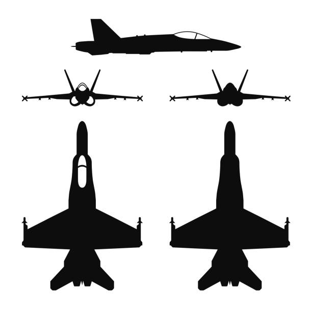 F-18 aircraft vector silhouette illustration icon Vector illustration silhouette of the multirole aircraft F-18 Hornet isolated. Blueprint style war aviation symbols from multiple angles hornet stock illustrations