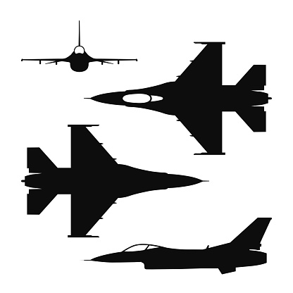 Vector illustration silhouette of the multirole aircraft F-16 fighting falcon isolated. Blueprint style war aviation symbols from multiple angles