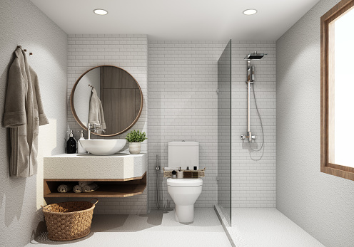Stylish bathroom interior with ceramic tub, terry towels and houseplant
