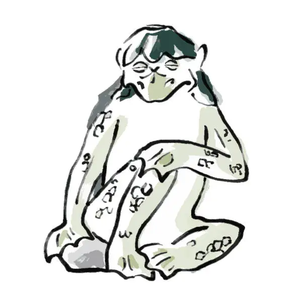 Vector illustration of Simple, color Japanese illustration in hair brush, full body of a sitting kappa. Rough yokai with ink brush. Legendary creature