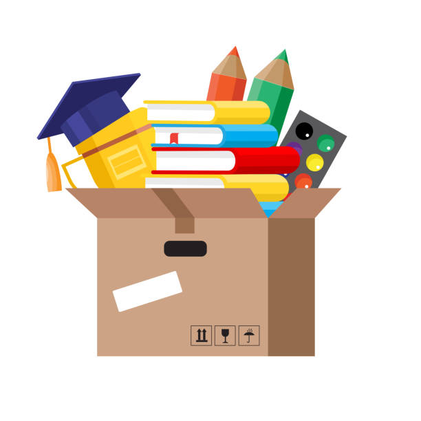 School supplies in a cardboard box. Vector illustration isolated on white background. School supplies in a cardboard box. Vector illustration isolated on white background. clipart of school supplies stock illustrations