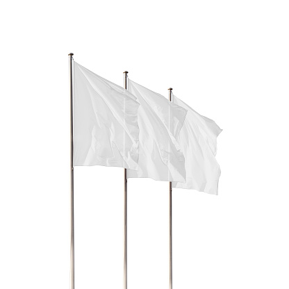 Three white blank flags waving in the wind isolated. Perfect mockup to add any logo, symbol or sign