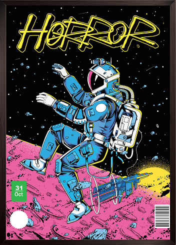 Comic book style illustration of cosmonaut exploring outer space
