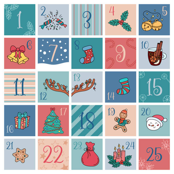 adventskalender. lustige сhristmas doodle-elemente. weihnachtsnummern von 1 bis 25. vektorillustration von handgezeichneten designobjekten auf bunten quadraten. traditioneller dezember-countdown-25-tage-kalender - 1 advent stock-grafiken, -clipart, -cartoons und -symbole