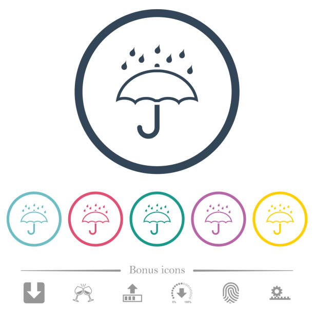 Umbrella with rain outline flat color icons in round outlines Umbrella with rain outline flat color icons in round outlines. 6 bonus icons included. aegis stock illustrations