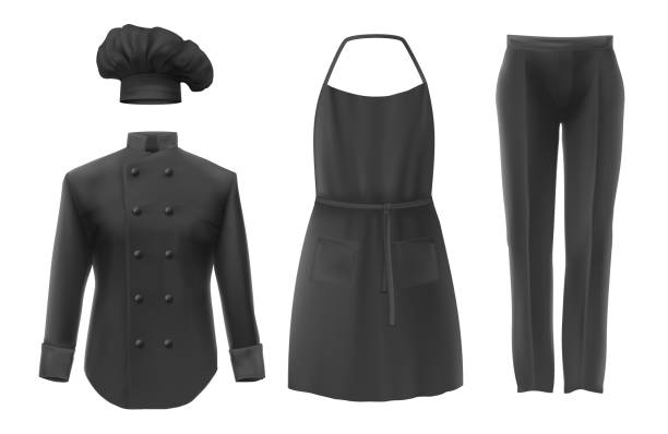 istock Chef uniforms. Culinary clothing black hat tunic apron pants with a nameplate icon set illustration. Professional suit clothes for cooks jackets and pants decent realistic uniform for characters. 1431297901