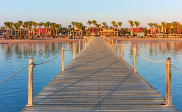 istock Empty wooden pier at a resort at sunrise, Egypt. 1431303434