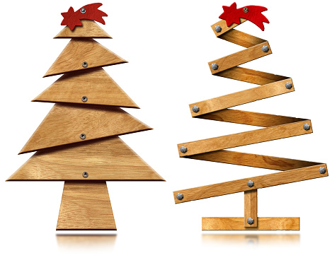 3D illustration of two small wooden Christmas trees with red comet star Isolated on white background and reflections.