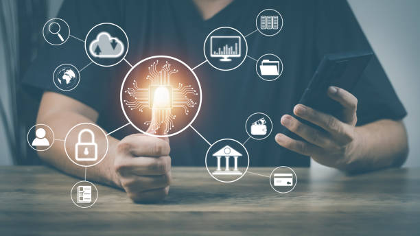 istock cyber security concept, man's hand scanning finger to go online to access information both accessing the system document storage Banking including online shopping This method is highly secure 1431309535