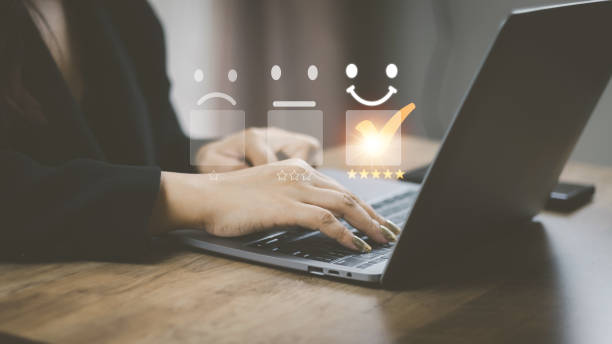 istock Customer service and Satisfaction concept women's hands doing online assessments in the satisfaction rating the popular service company allows customers in order to improve and develop the organizatio 1431309648