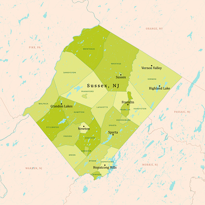NJ Sussex County Vector Map Green. All source data is in the public domain. U.S. Census Bureau Census Tiger. Used Layers: areawater, linearwater, cousub, pointlm.