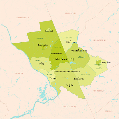 NJ Mercer County Vector Map Green. All source data is in the public domain. U.S. Census Bureau Census Tiger. Used Layers: areawater, linearwater, cousub, pointlm.