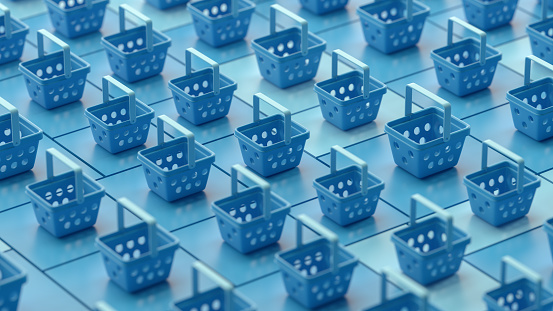 Shopping basket isometric background, 3d render.