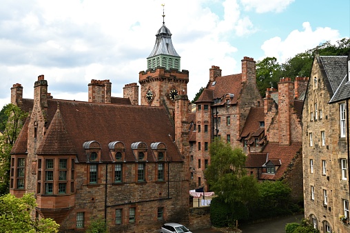 A view of the architecture along the banks of the water of Leith river in Dean village in the city of Edinburgh