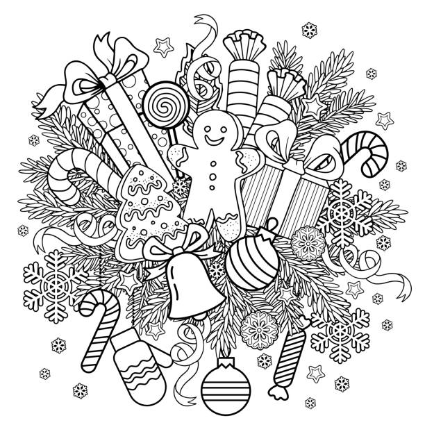 ilustraciones, imágenes clip art, dibujos animados e iconos de stock de dibujo vectorial en blanco y negro para colorear para el libro para colorear de navidad. dulces y regalos de papá noel y decoración festiva - colorear