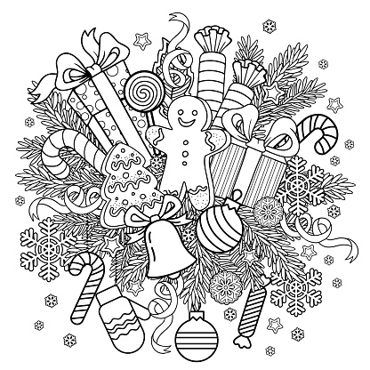 Vector black and white coloring page for Christmas coloring book for adult. Sweet gifts from Santa and festive decoration