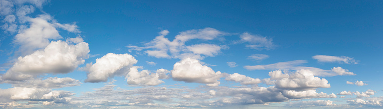 Panoramic image of clouds in a blue sky in summer.