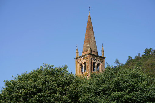 The tower of Bath Abbey rising above nearby buildings, City of Bath, UK