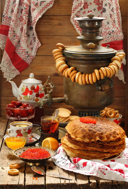 Pancakes with red caviar stock photo